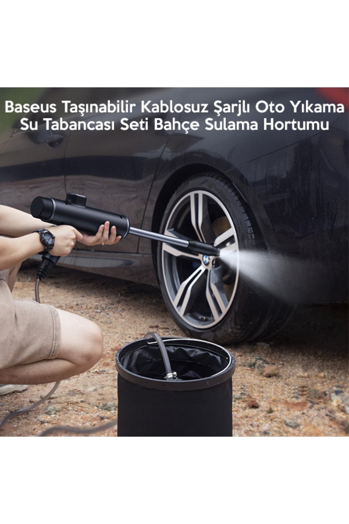 BASEUS ORJİNAL Baseus Taşınabilir Kablosuz Şarjlı Oto Yıkama Su Tabancası Seti Bahçe Sulama Hortumu