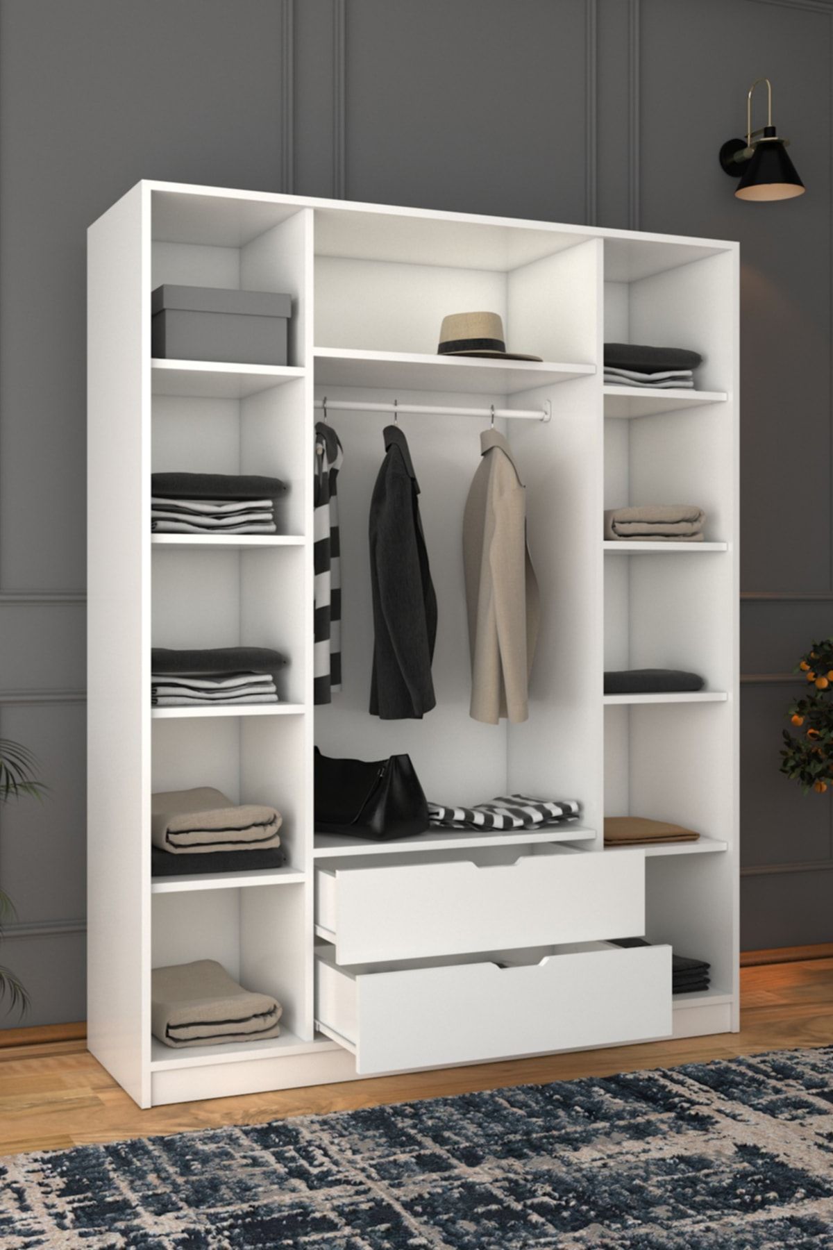 midoser Mat Beyaz 4 Kapılı 2 Çekmeceli Elbise Dolabı - Gardırop