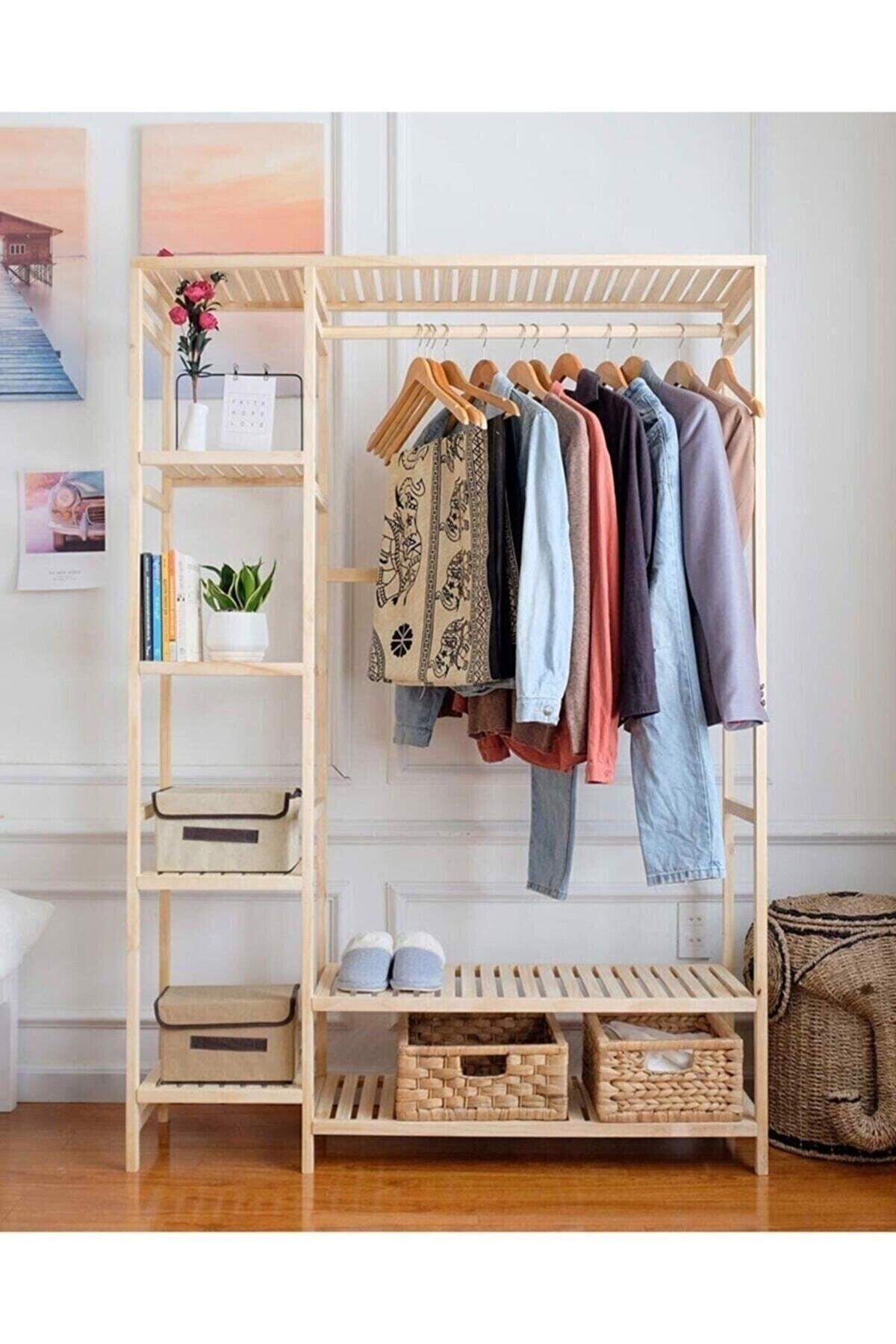 BRK Design Ahşap Ahşap Ayaklı Askı Elbise Askısı Çok Amaçlı Dolap Gardırop 96x150x30