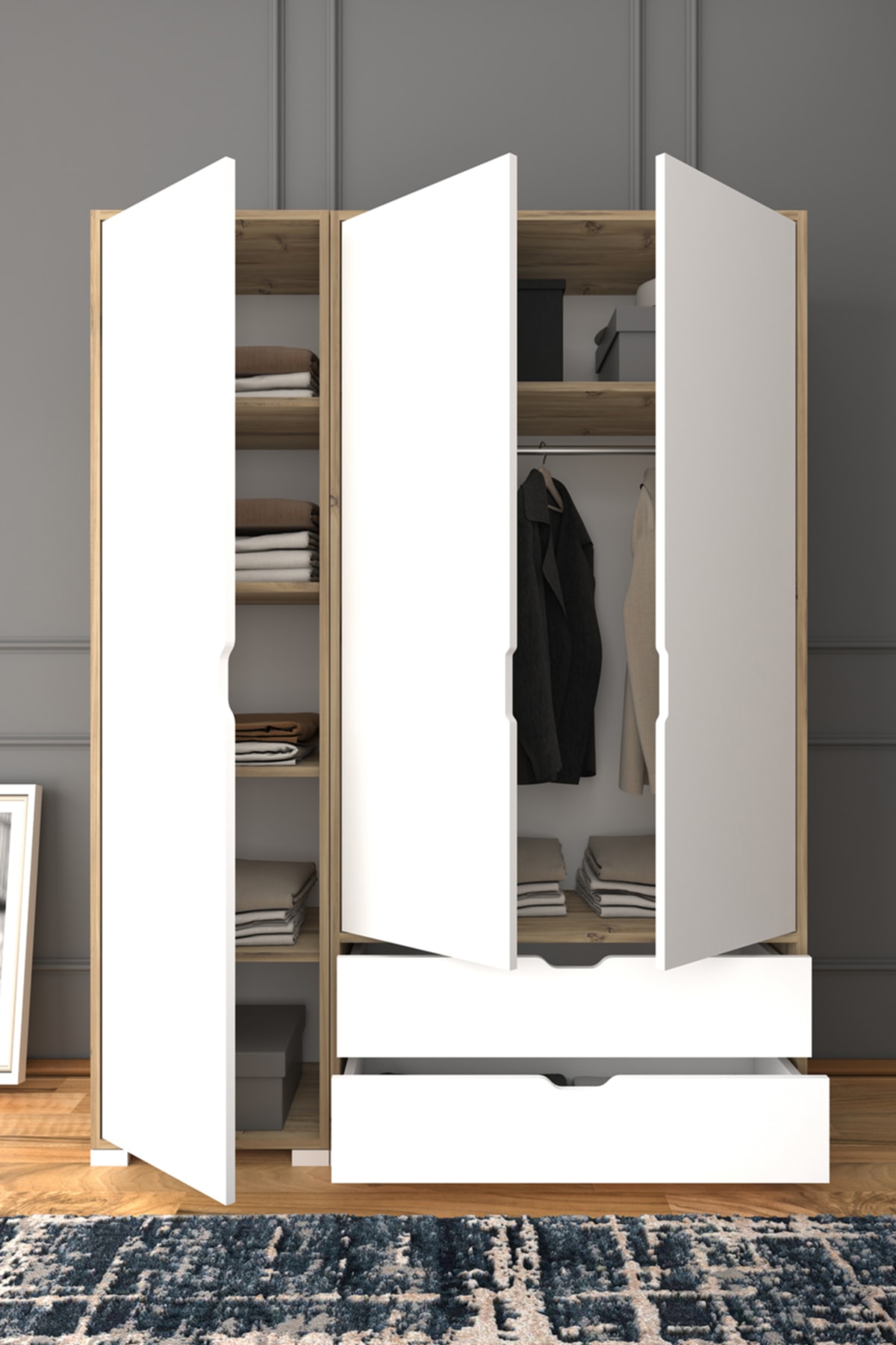 midoser Mat Beyaz - Keçe (AÇIK CEVİZ) 3 Kapılı 2 Çekmeceli Elbise Dolabı - Gardırop Seti