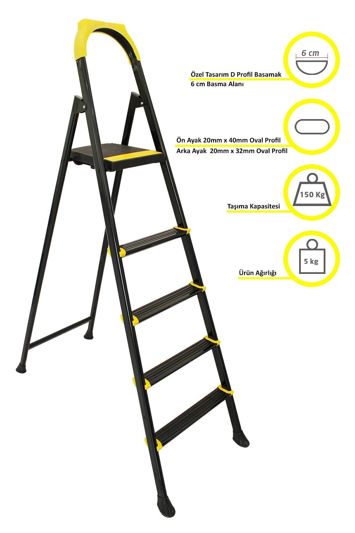 ERTEKPA Leo Siyah Merdiven 4+1 Metal Basamaklı