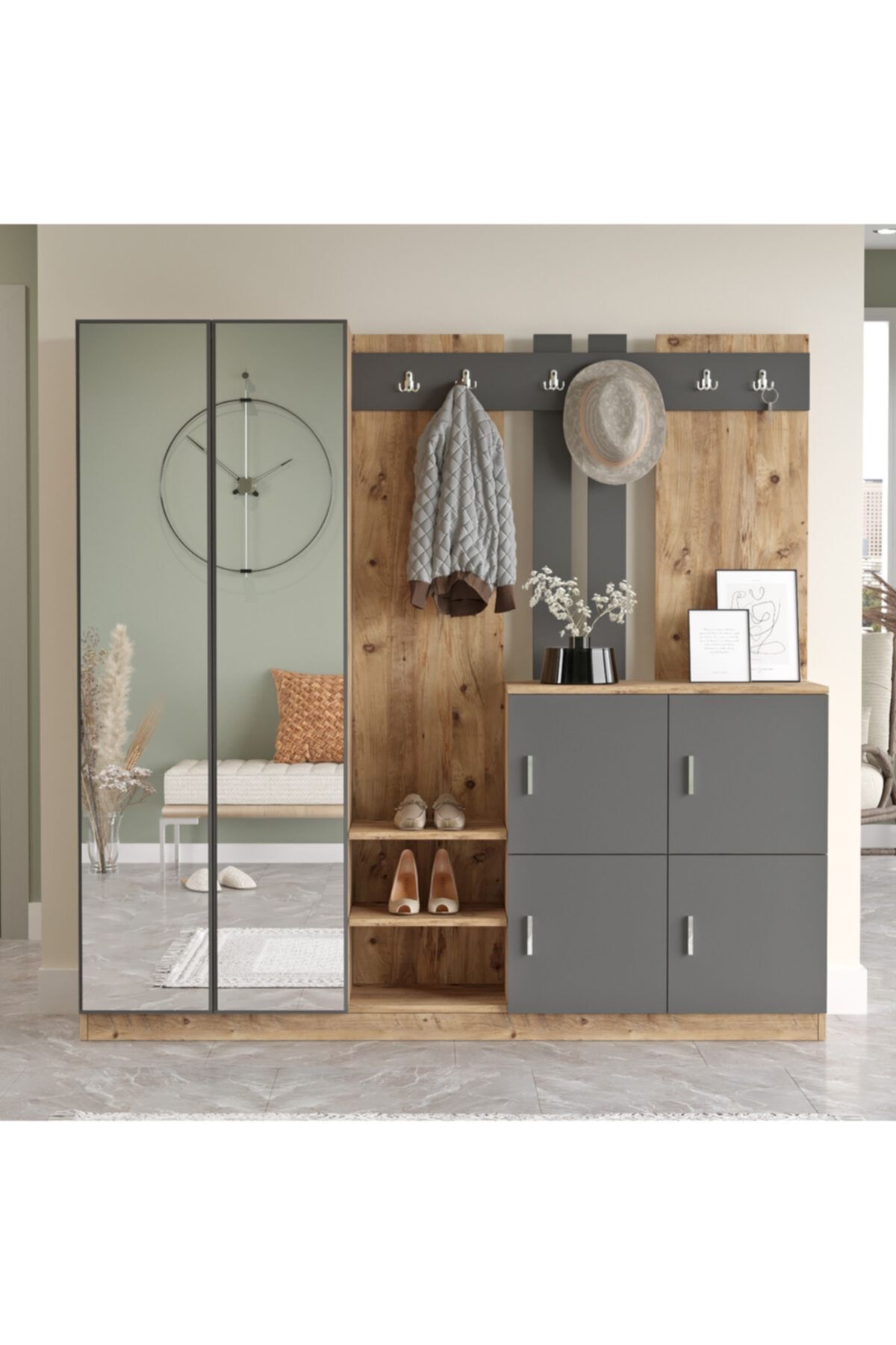 Yurudesign Gibson Vestiyer Portmanto Ayakkabılık Çam-Antrasit